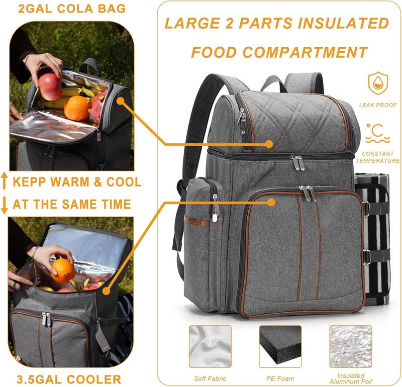 TwentyNext Picnic Backpack for 4, Picnic Basket Set, Leakproof Picnic Bag, Beach Cooler Backpack with Insulated Cooler Wine Pouch,Picnic Blanket, Double Deck Picnic Backpack for Beach,Camping,Park(Grey) - Image 3